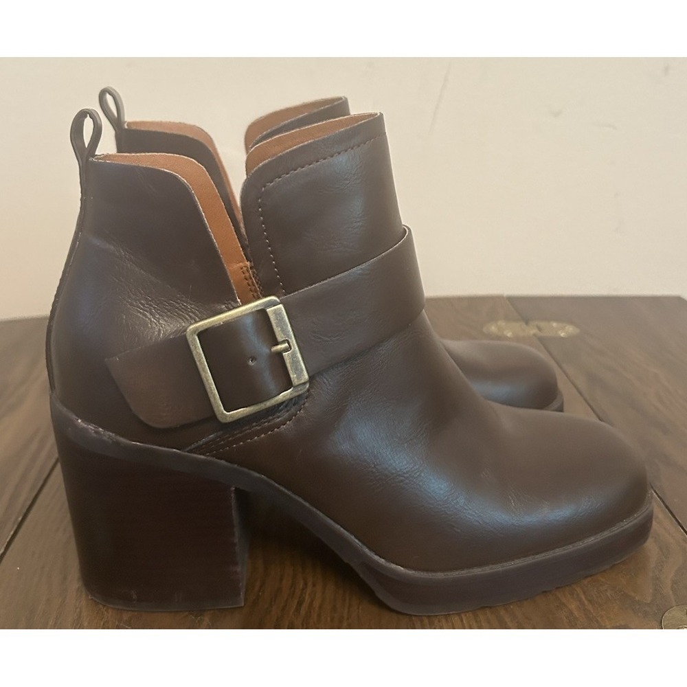 Korks Kari Brown Women's Ankle Boots Chunky Heel Buckle Size 7.5 M Leather
